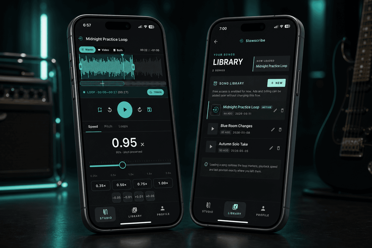 Slowscribe app shown on two phones