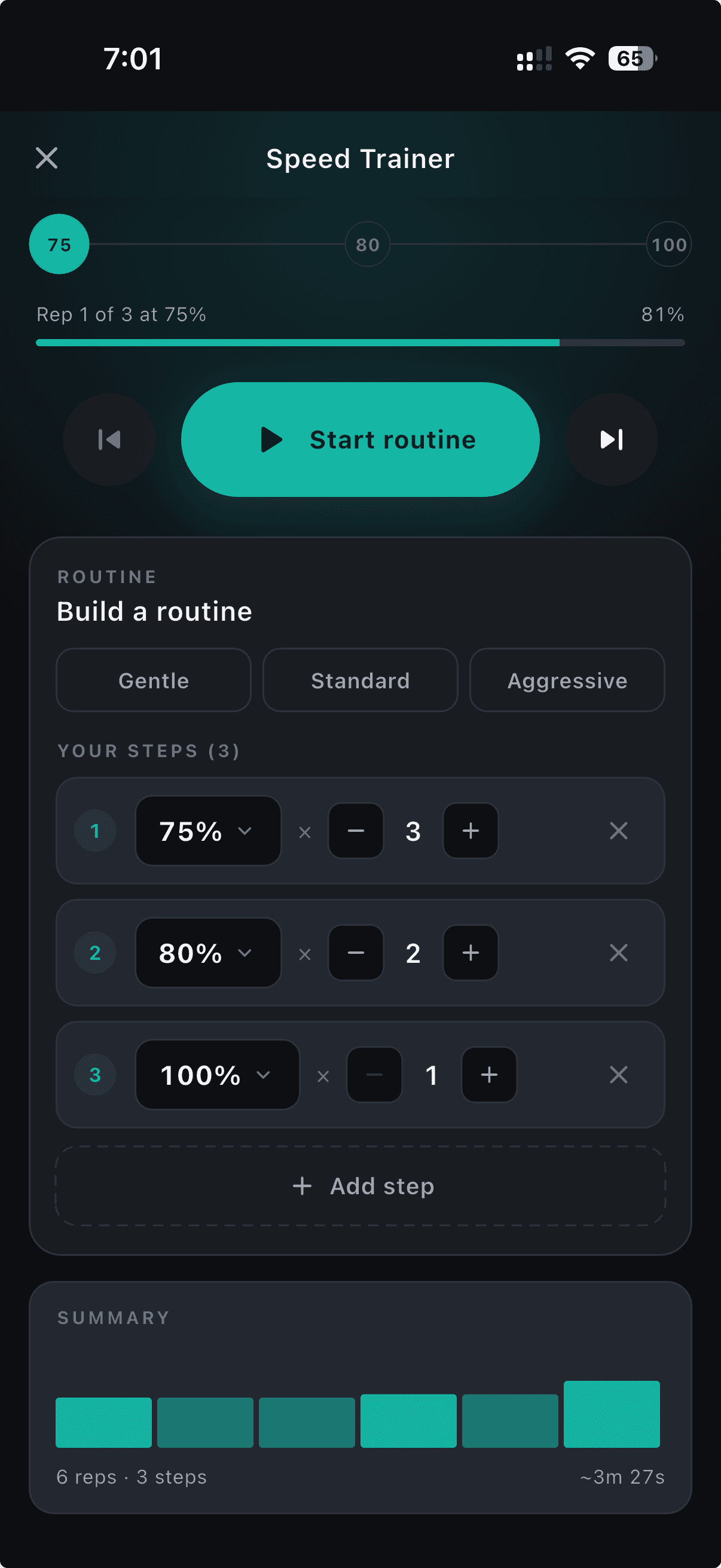 Slowscribe speed trainer screen